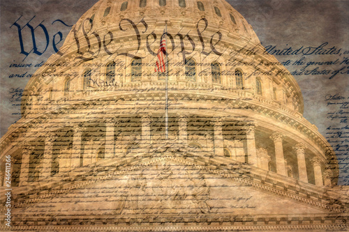 Detail of the US Capitol building in Washington D.C. with famous declaration photo
