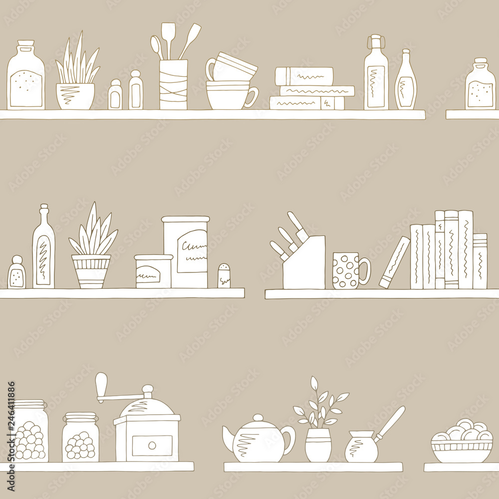 Shelves graphic kitchenware color seamless pattern sketch background illustration vector