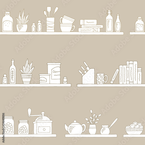 Shelves graphic kitchenware color seamless pattern sketch background illustration vector