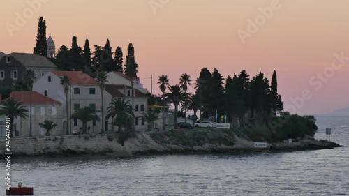 View of Luka Korculanska Bay from Korcula Old Town after sunset, Korcula Island, Dalmatia, Croatia, Europe photo