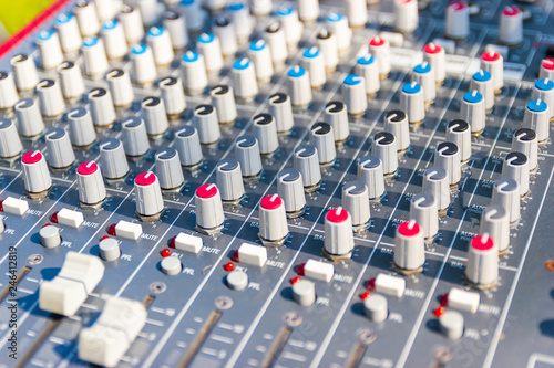 Close up Mixing Console of a big HiFi system, The audio equipment and control panel of digital studio mixer