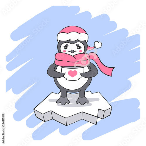 Valentine's day card with penguin on ice floe with cup of tea in it's wings