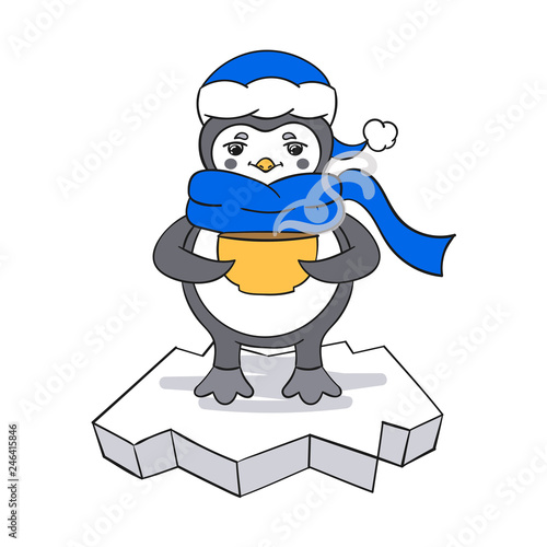 Penguin on ice floe with cup of tea in it's wings