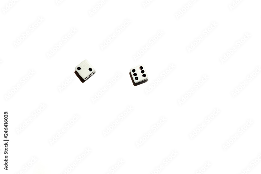 Dice on a white isolated background, two cubes with black dots on which the number eight fell, a game of chance, betting between friends. Dice on a white isolated background, two cubes with black dots on which the number eight fell, a game of chance, betting between friends.