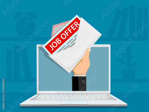 Envelope with job offer on the laptop screen.
