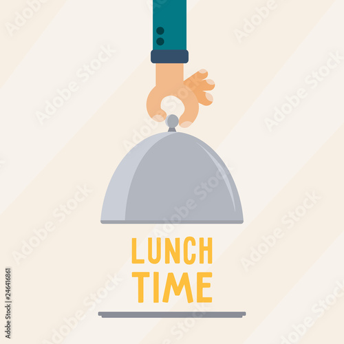 Restaurant cloche in hand lunch time. Empty blank food serving tray plate and elegant waiter hand. Flat vector illustration.