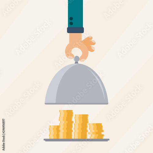 Restaurant cloche in hand. Open food serving tray plate with earnings dividends gold coins. Flat vector illustration return of investment.
