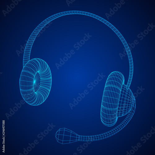 Headphone or headset for support from lines point connecting network. Abstract model wireframe low poly mesh vector illustration
