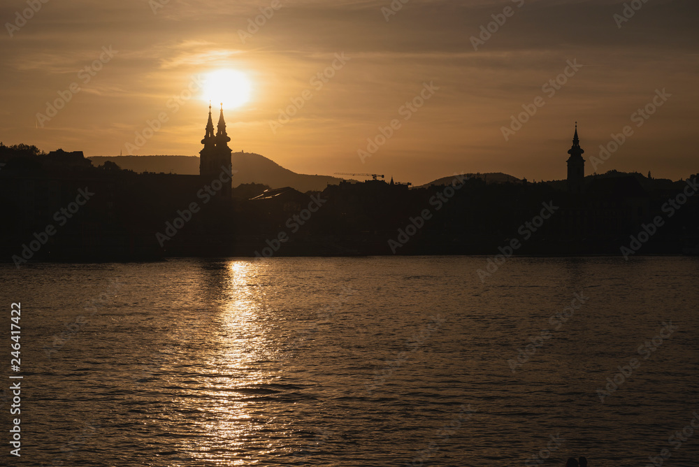 Panorama of Budapest's evening.Capital of Hungary.Beautiful big old town.The photo is made in the dark.The magnificent city is rich in history.City landscape with a wide large river. Golden city.