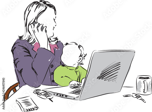 mom working at home with baby illustration