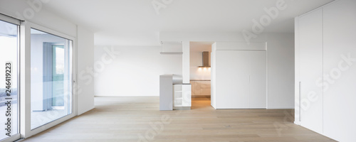 Modern living room with white walls  parquet and windows