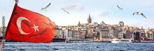 Photography Panorama of Istanbul with Galata Tower at skyline and seagulls over the sea, wid