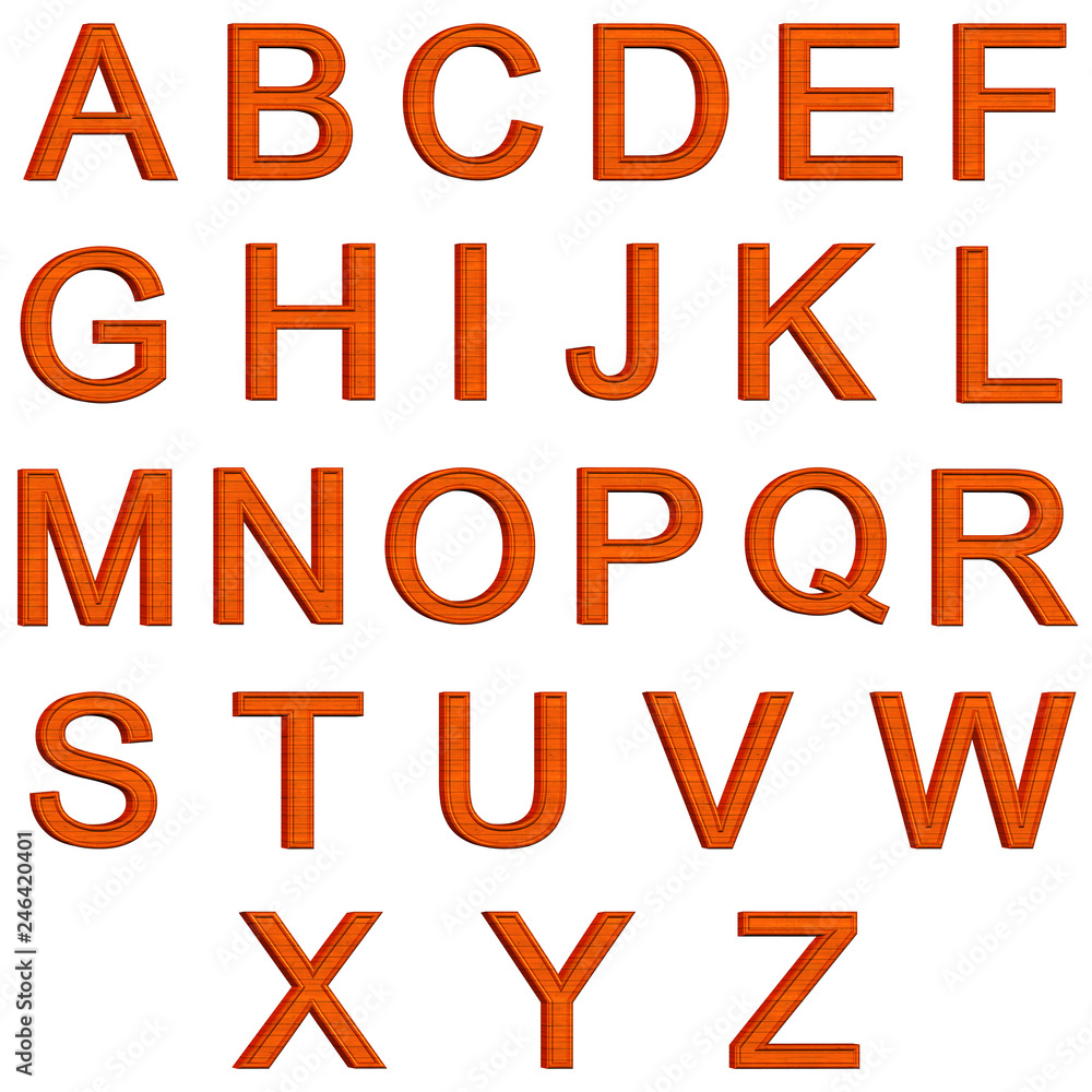 Orange wooden English alphabet letters on white background