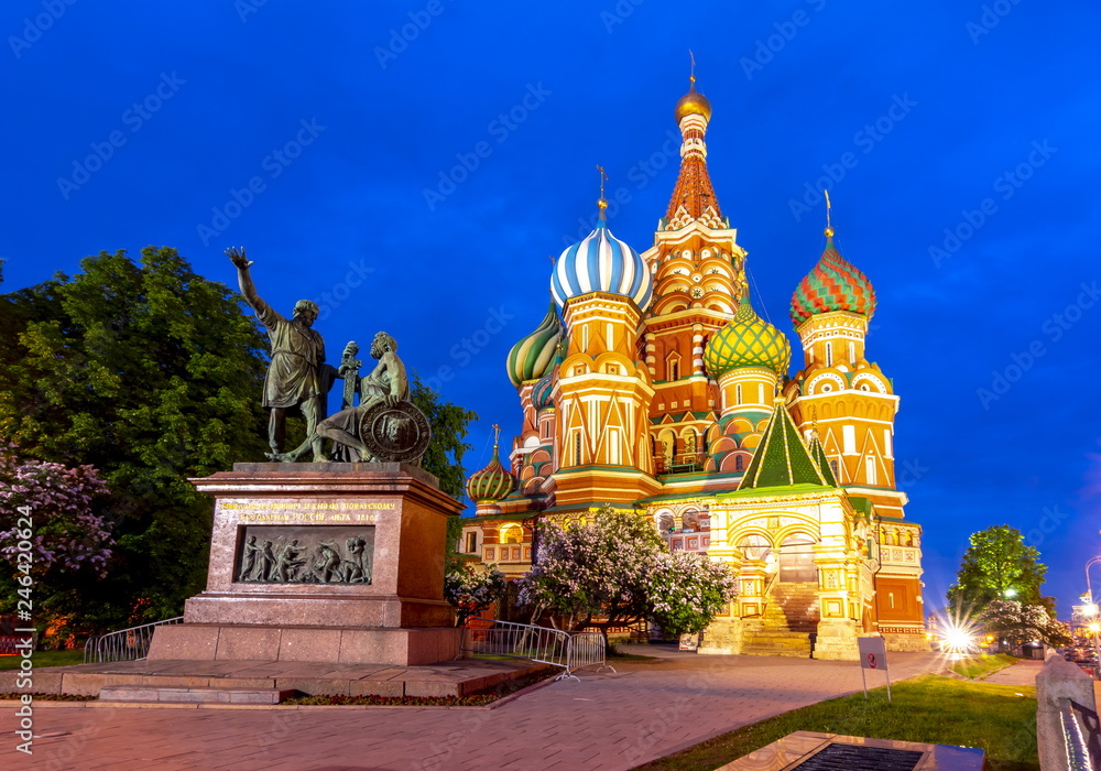 Cathedral of Vasily the Blessed (Saint Basil's Cathedral) and Monument to Minin and Pozharsky on Red Square at night, Moscow, Russia Cathedral of Vasily the Blessed (Saint Basil's Cathedral) and Monument to Minin and Pozharsky on Red Square at night, Moscow, Russia