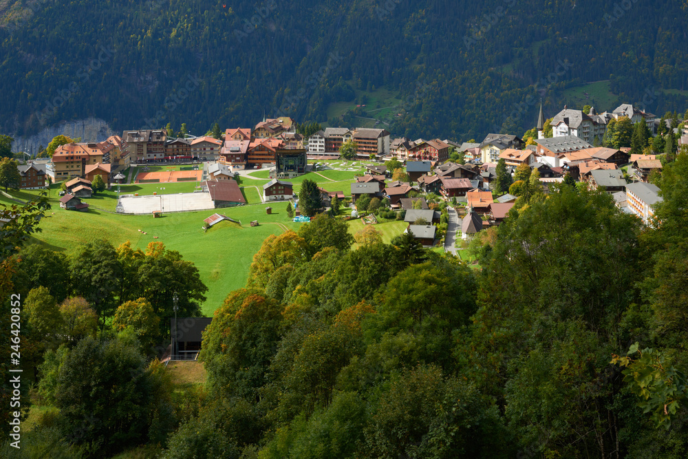 Mountain scenery with Wengen village in Switzerland.