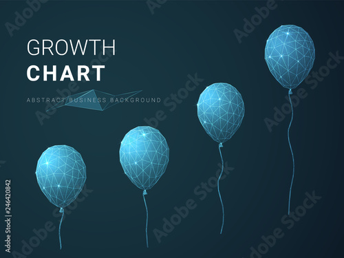 Abstract modern business growth chart with stars and lines in shape of flying party balloons on blue background.
