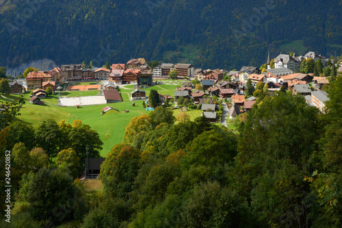 Mountain scenery with Wengen village in Switzerland.