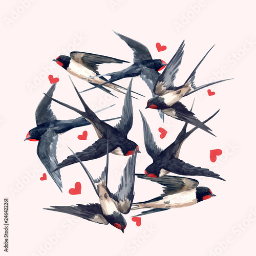 Watercolor swallow bird composition