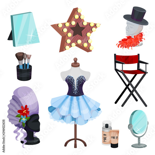 Flat vector set of dressing room icons. Dress on mannequin, table mirrors, elements of costumes, makeup cosmetic