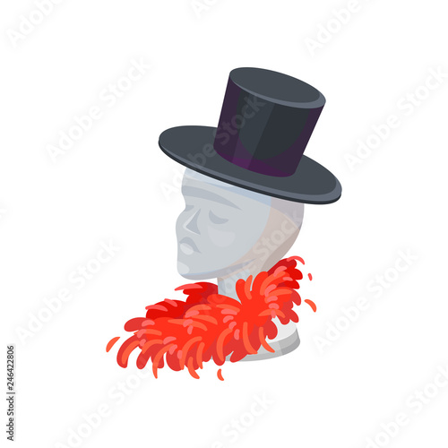 Stand in shape of human head for hats. Mannequin head with cylindrical hat and feather boa. Flat vector design