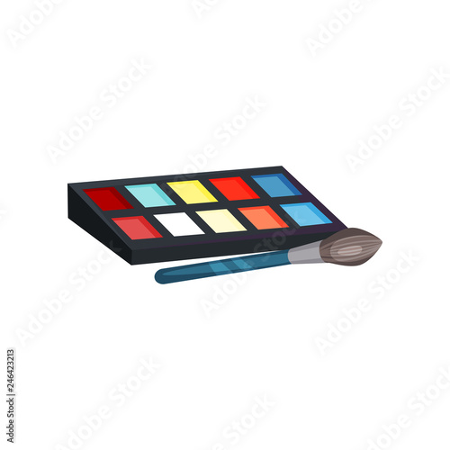 Eye shadow palette with different colors and brush for actor makeup. Facial cosmetic. Beauty theme. Flat vector icon