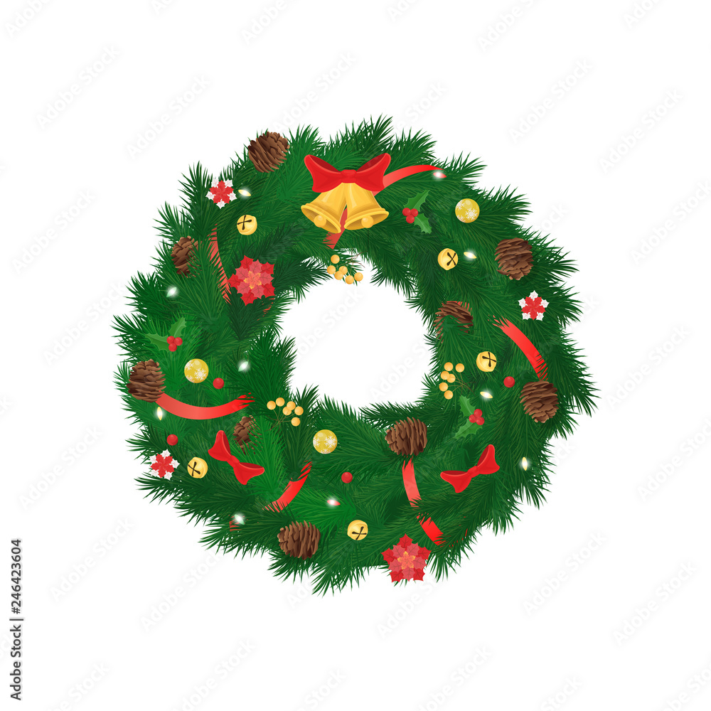 Christmas coniferous spruce wreath with ribbons and gold bells with bow. Holiday decoration with balls and pine cones. Traditional winter ornament vector Christmas coniferous spruce wreath with ribbons and gold bells with bow. Holiday decoration with balls and pine cones. Traditional winter ornament vector