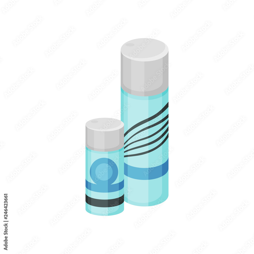 Flat vector set of small and big cosmetic spray cans. Beauty industry. Blue bottles with gray lids Flat vector set of small and big cosmetic spray cans. Beauty industry. Blue bottles with gray lids