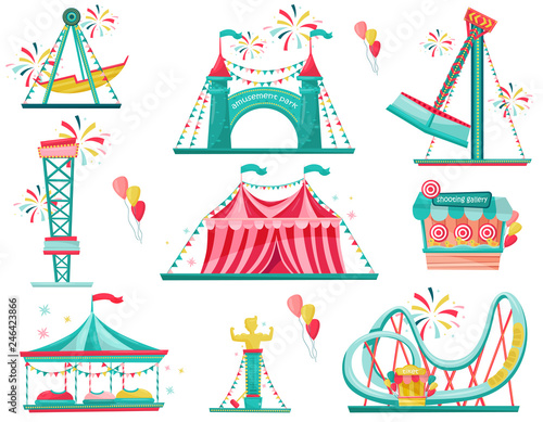 Flat vector set of amusement park icons. Funfair attractions, entrance gate, circus tent and shooting gallery