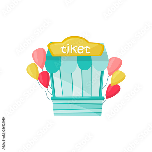 Small blue ticket booth or kiosk decorated with air balloons. Amusement park. Entertainment theme. Flat vector icon