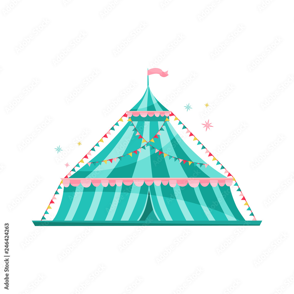 Large blue striped circus tent decorated with bunting flags. Amusement park theme. Flat vector design Large blue striped circus tent decorated with bunting flags. Amusement park theme. Flat vector design