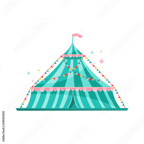 Large blue striped circus tent decorated with bunting flags. Amusement park theme. Flat vector design