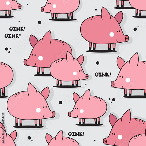 Happy pigs, hand drawn backdrop. Colorful seamless pattern with animals. Decorative cute wallpaper, good for printing. Overlapping background vector. Design illustration