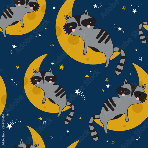 Sleeping raccoons  hand drawn backdrop. Colorful seamless pattern with animals  moon  stars. Decorative cute wallpaper  good for printing. Overlapping colored background vector. Design illustration