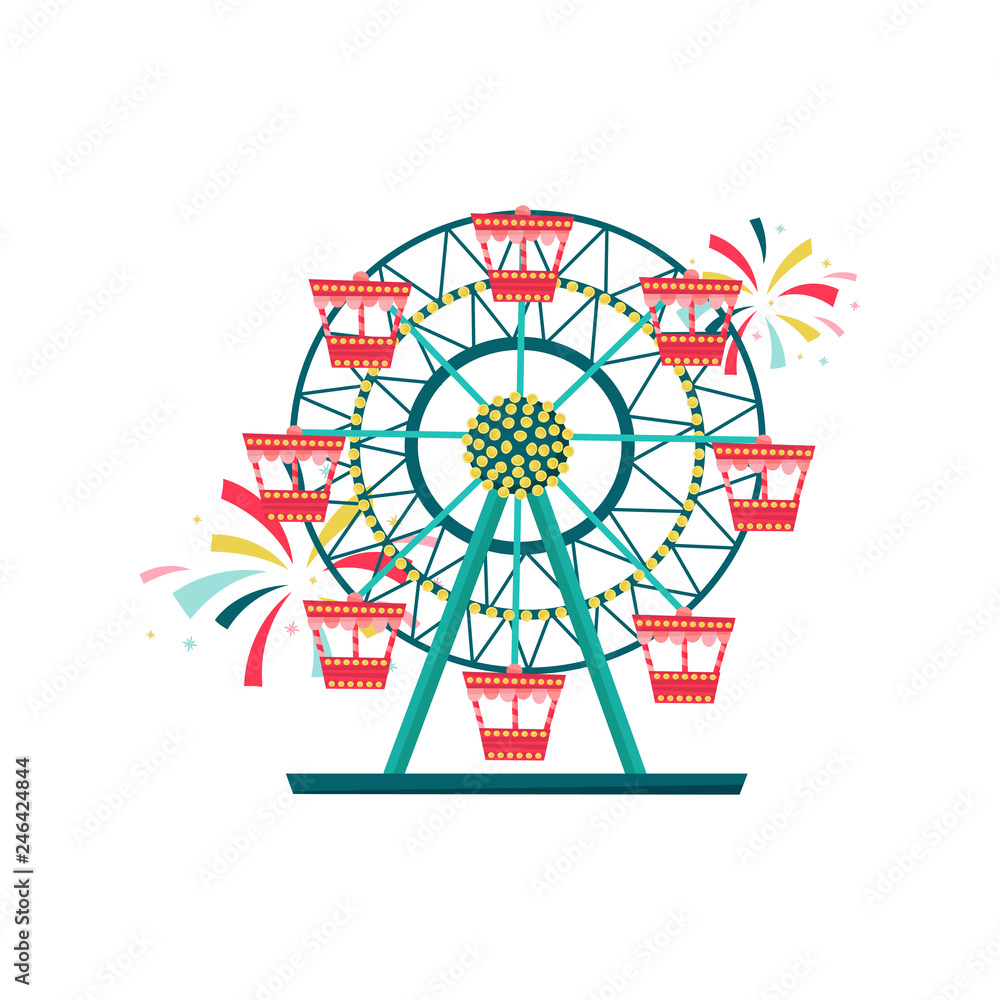 Ferris wheel with red cabins. Amusement park equipment. Entertainment theme. Flat vector design Ferris wheel with red cabins. Amusement park equipment. Entertainment theme. Flat vector design