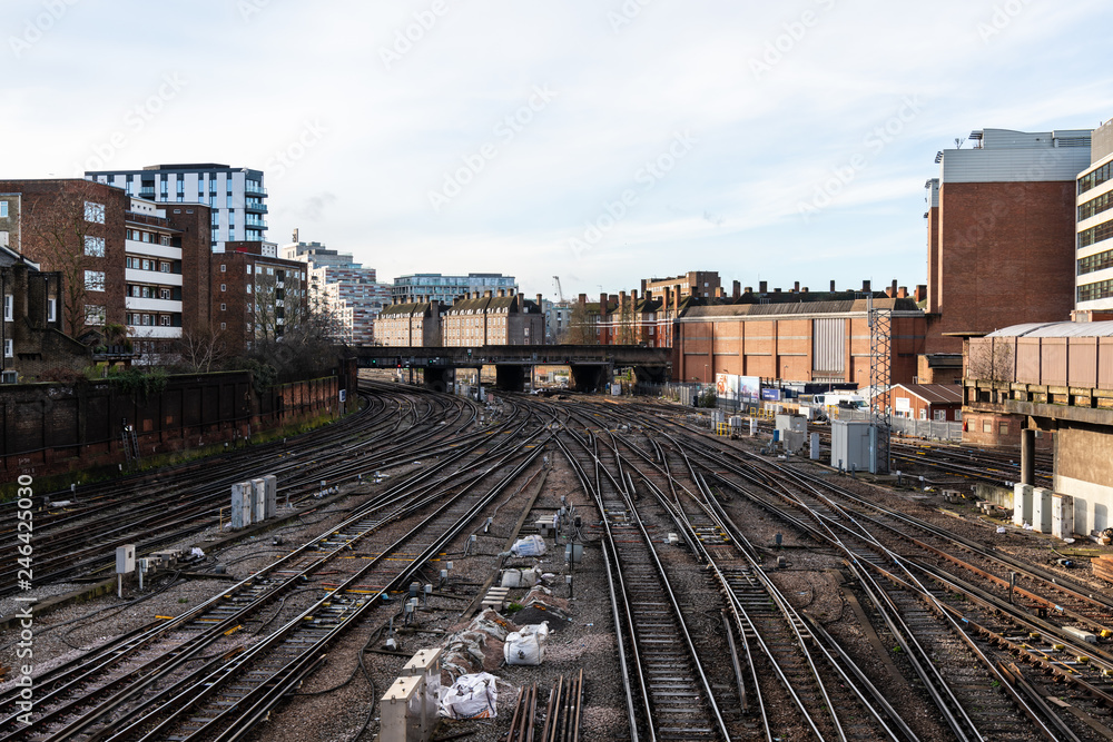Empty Industrial Railway tracks, near Victoria Train Station, London, UK Empty Industrial Railway tracks, near Victoria Train Station, London, UK