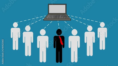 Group of business people send and receive information from a laptop. Teamwork connecting to a server and sharing data. photo