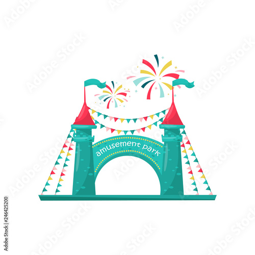 Entrance to children amusement park. Two brick towers with sign and decorated with bunting flags. Flat vector design