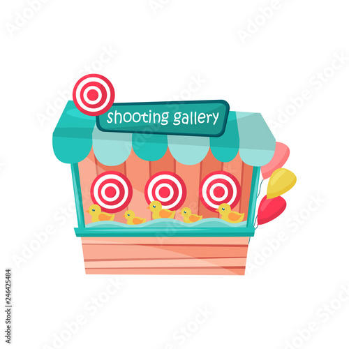 Shooting gallery with ducks and targets at amusement park. Small stall with air balloons. Fun game. Flat vector icon