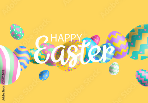 happy easter banner design with flying 3d decorating eggs