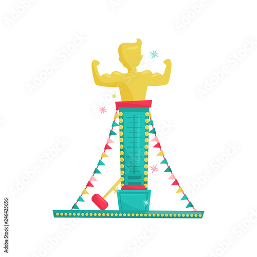 Flat vector icon of high striker attraction with big hammer and muscular man on top. Amusement park equipment
