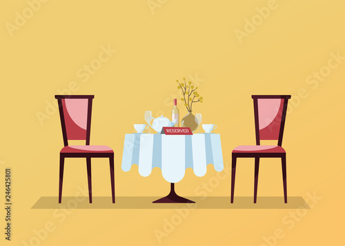 Reserved restaurant round table with white tablecloth, wineglasses, wine bottle, pot, cuts, reservation tabletop sign on it and two soft chairs. Flat cartoon vector illustration on yellow background