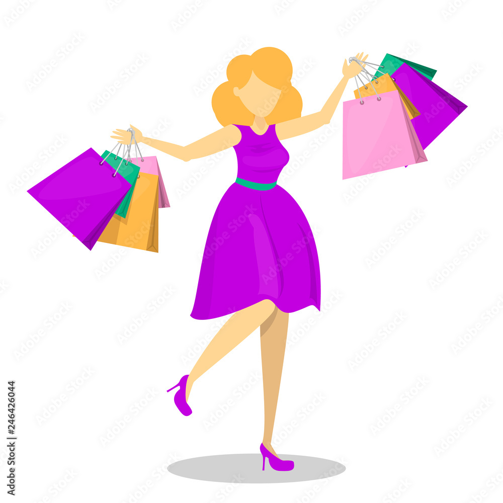 Happy beautiful woman in purple dress with shopping