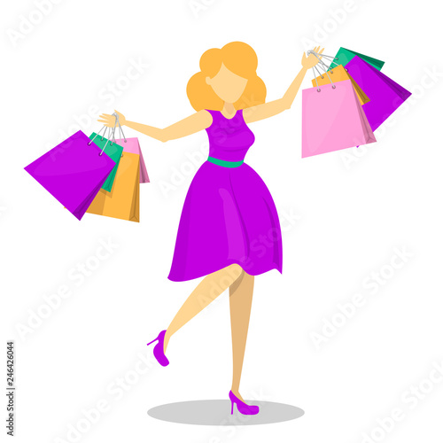 Happy beautiful woman in purple dress with shopping © Derariad