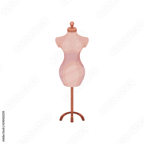 Vintage female mannequin on wooden stand. Item for dressing room. Dummy for costumes. Flat vector icon