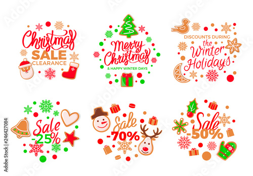 Cookie made of gingerbread pine and presents set vector. Christmas sale and discounts offers for shops, reindeer and Santa Claus mitten and bird isolated