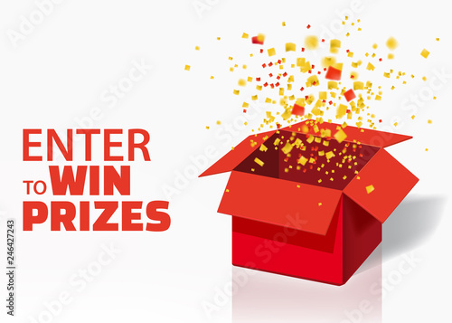Box Exploision, Blast. Open Red Gift Box and Confetti. Enter to Win Prizes. Win, lottery, quiz. Vector Illustration. Isolated, Template photo