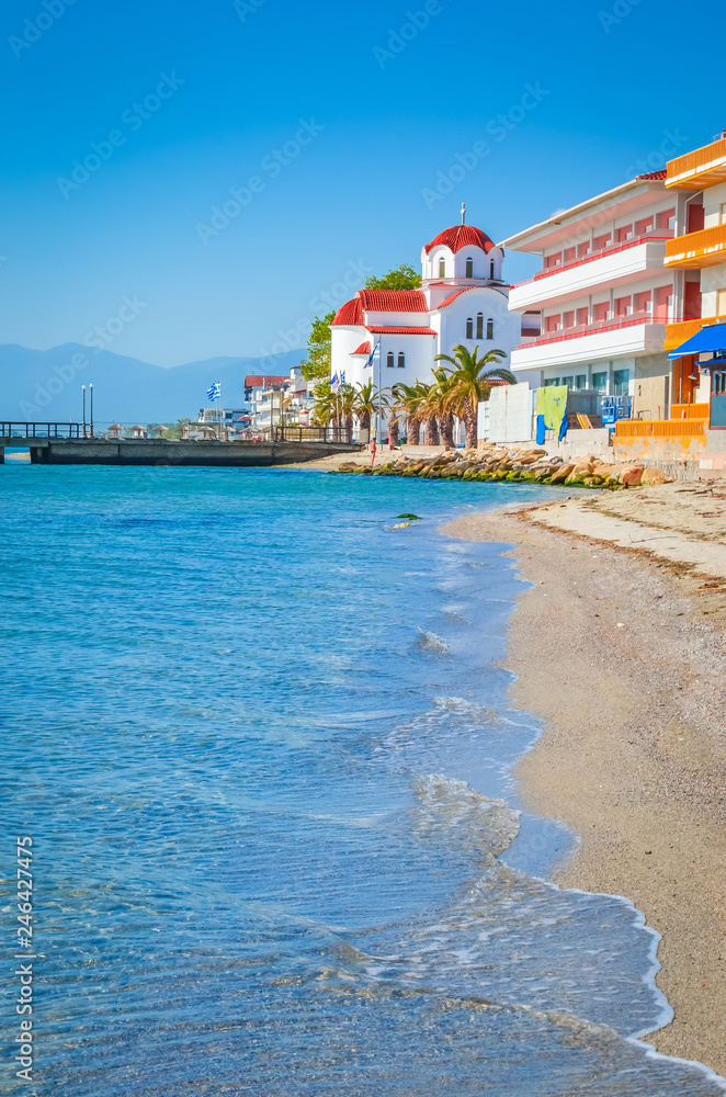Beautiful Paralia Katerini beach and church, Greece