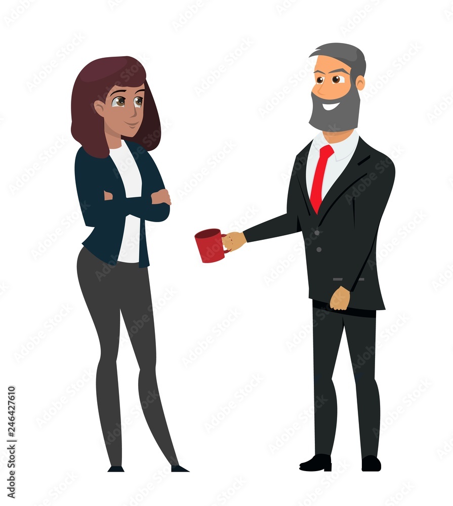 Man in Formal Wear Offering Coffee Businesswoman Man in Formal Wear Offering Coffee Businesswoman
