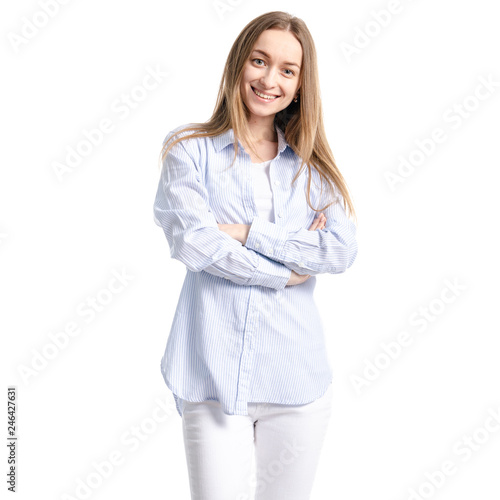 Beautiful woman in blue shirt and jeans casual smile happy on white background isolation