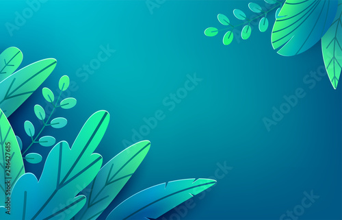 Paper spring leaves vector background. Paper cut style isolated on dark backdrop. Fantasy leaf art illustration, corner composition. Springtime concept pattern. Easter floral decoration elements